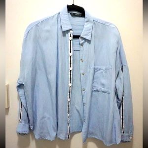 Zara Womens Button Down Snap Top Blouse Stripe Collared Blue Medium